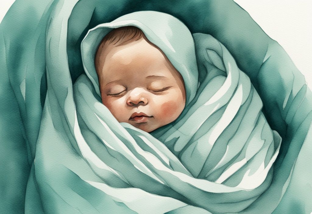 Modern watercolor illustration of a newborn baby in teal-themed swaddle, showcasing layered clothing underneath.