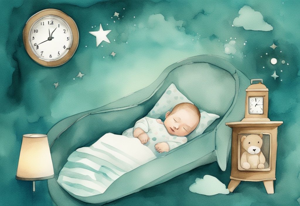 Modern watercolor illustration of a sleeping baby in a teal-themed pack and play, with a clock and calming nightlight.