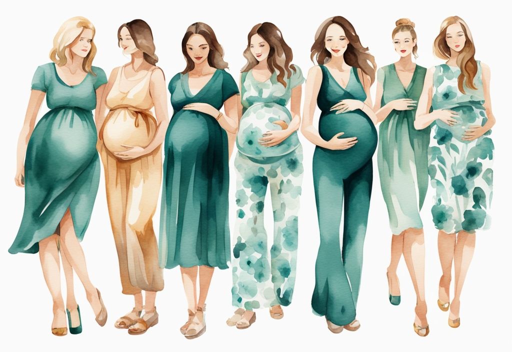 Modern watercolor illustration of chic maternity outfits in teal, featuring floral dresses, elegant jumpsuits, and stylish ensembles for baby shower attire.