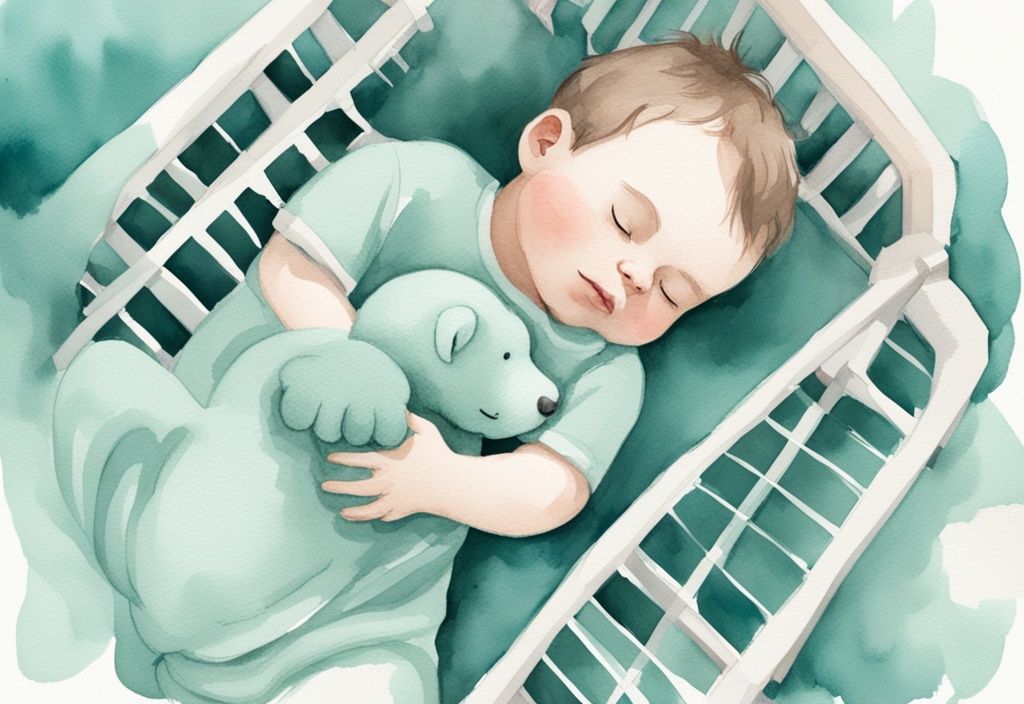 Modern watercolor illustration of a content baby asleep in a crib with a teal color theme and a fluffy stuffed animal beside him.