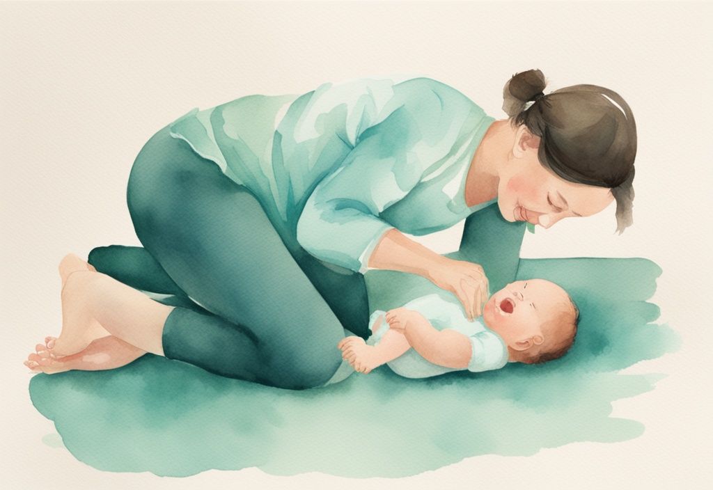 Modern watercolor illustration of a cheerful infant on a pastel mat, guided by parent's hands, teal color theme.