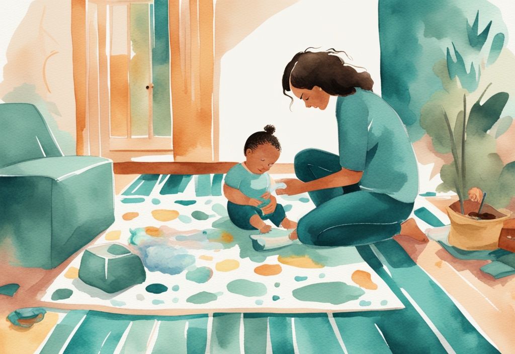 Modern watercolor illustration of a stressed-out parent kneeling on a colorful play rug, holding a baby and cleaning a spilled diaper, illustrating how to get baby poop out of carpet with a teal color theme.