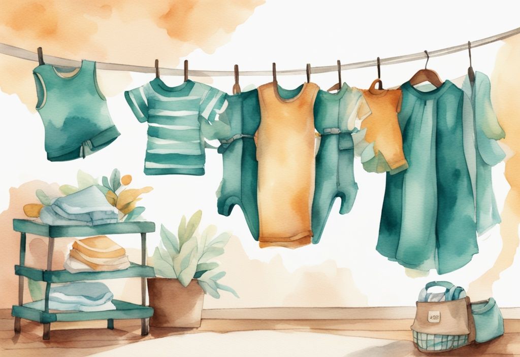 Modern watercolor illustration of how to dry baby clothes on a drying rack in a bright, warm room with a teal color theme.