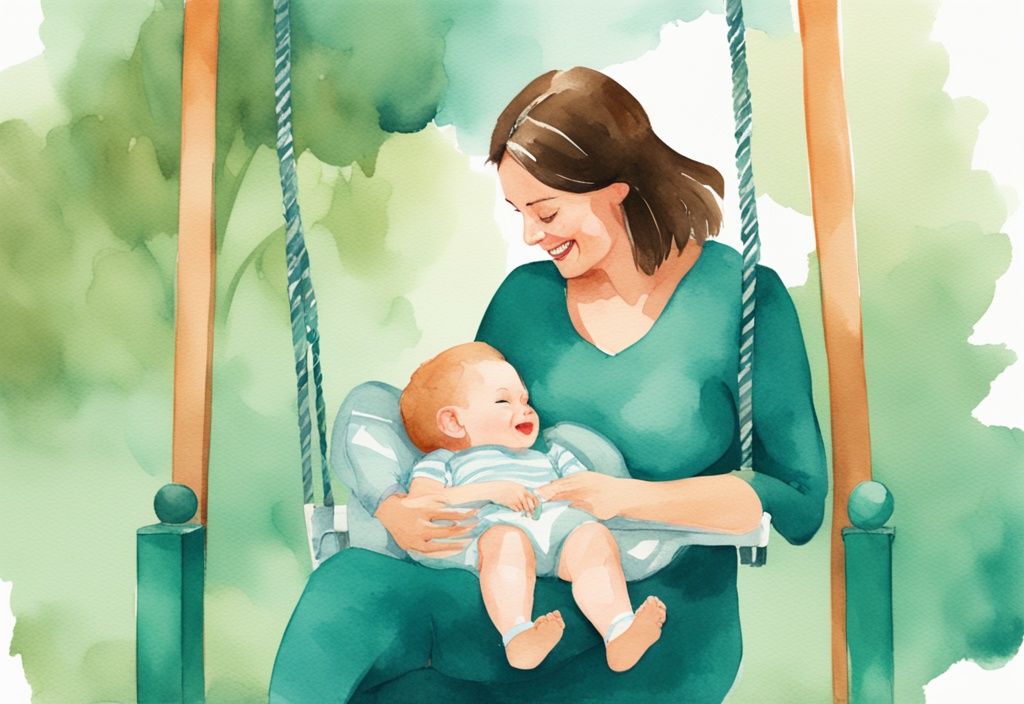 Modern watercolor illustration of a mother placing her happy infant in a park swing, with a teal color theme.