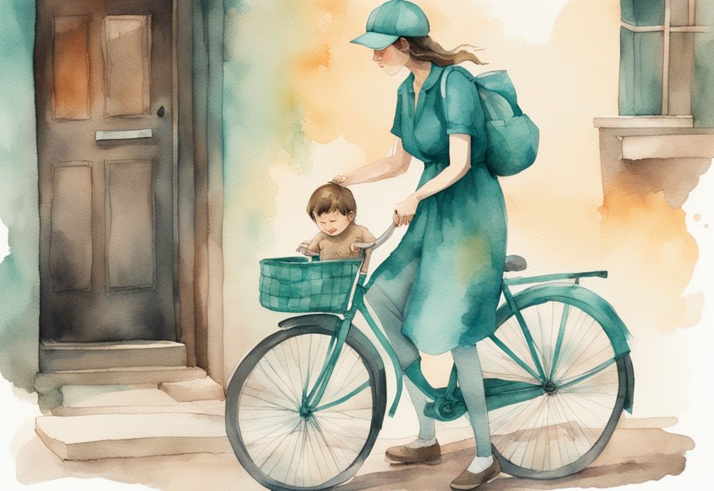 Modern watercolor illustration of an adult helping a baby pass gas using a bicycle motion, featuring a teal color theme, demonstrating how to make a baby fart.