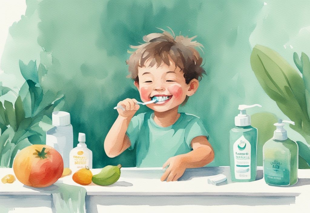 Modern watercolor illustration of a child brushing teeth with natural fluoride-free toothpaste, surrounded by kid-friendly oral healthcare products like xylitol gums, fruits, and raw vegetables, with a teal color theme.