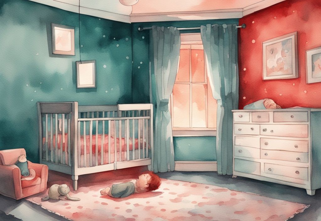 Modern watercolor illustration of a worried mother turning off a red night light in a teal-themed baby's room.