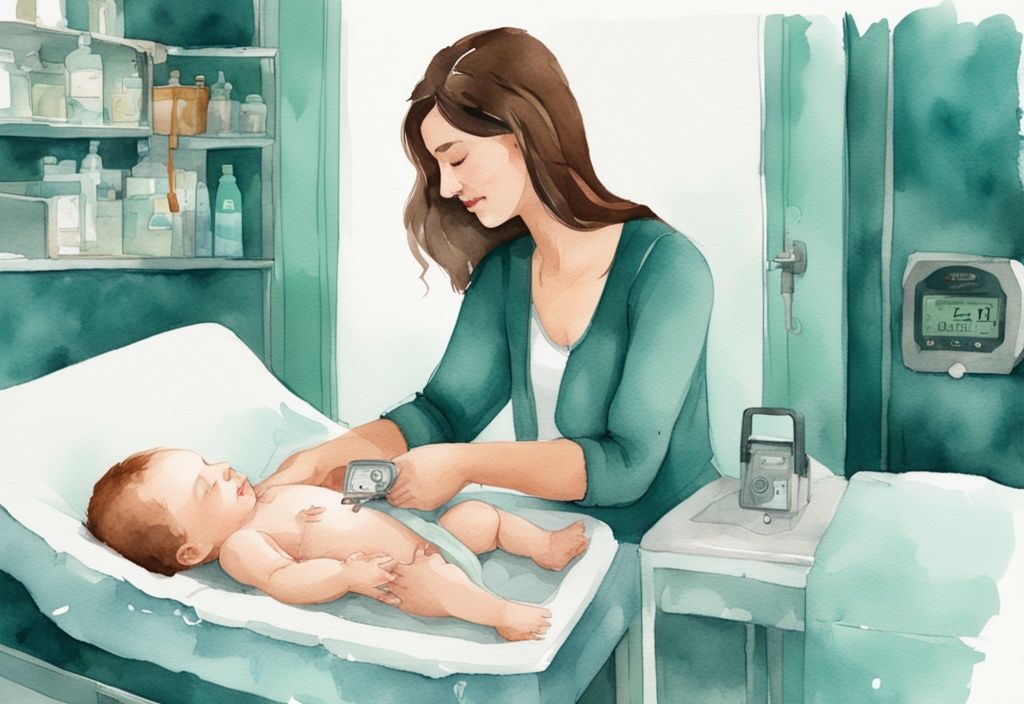 Modern watercolor illustration of a mother caring for her baby in a teal-themed nursery with a visible humidity gauge showing ideal conditions.