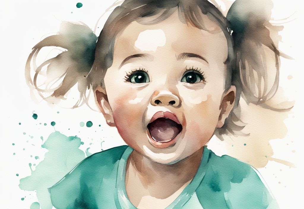 Modern watercolor illustration of a toddler taking first steps with a surprised and happy expression, teal color theme.