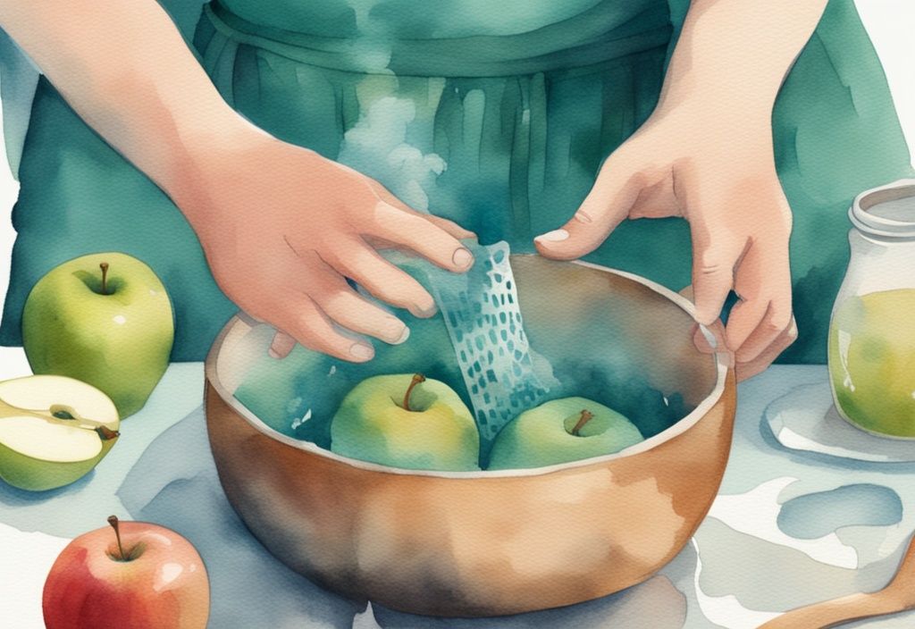 Modern watercolor illustration of hands placing chopped apples into a steam basket over boiling water, demonstrating how to steam apples for baby food preparation with a teal color theme.