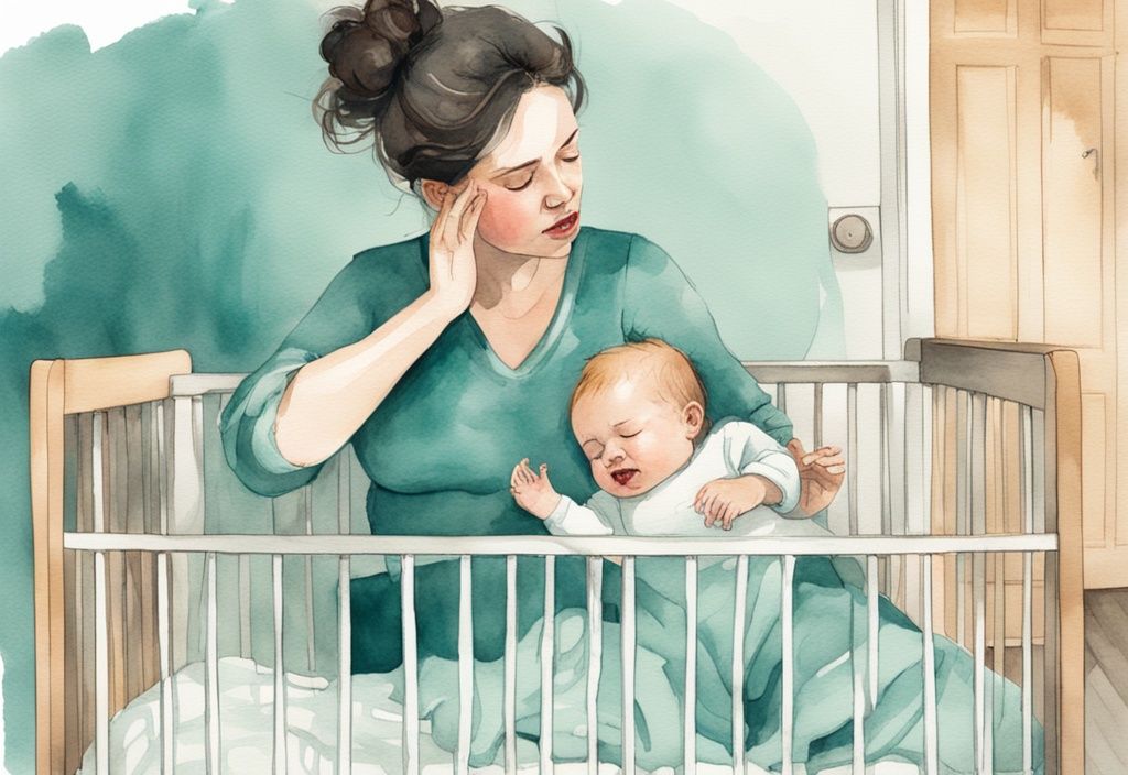 Modern watercolor illustration of a baby pulling her hair while falling asleep in a crib, with a confused mother watching; teal color theme.