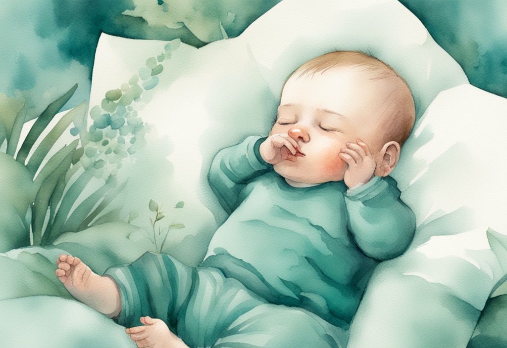 Modern teal watercolor illustration of a sleepy baby scratching head with tiny hand.