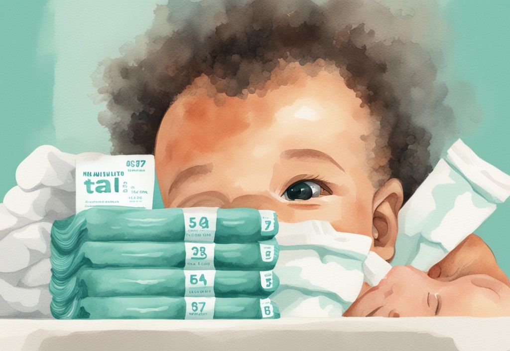 Modern watercolor illustration of a newborn with teal-themed baby wipes stack and a visual counter highlighting how many baby wipes do I need per day.