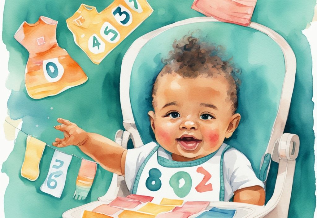 Modern watercolor illustration of a baby in a high chair surrounded by colorful bibs, emphasizing the theme of choosing the right number of bibs; main color is teal.