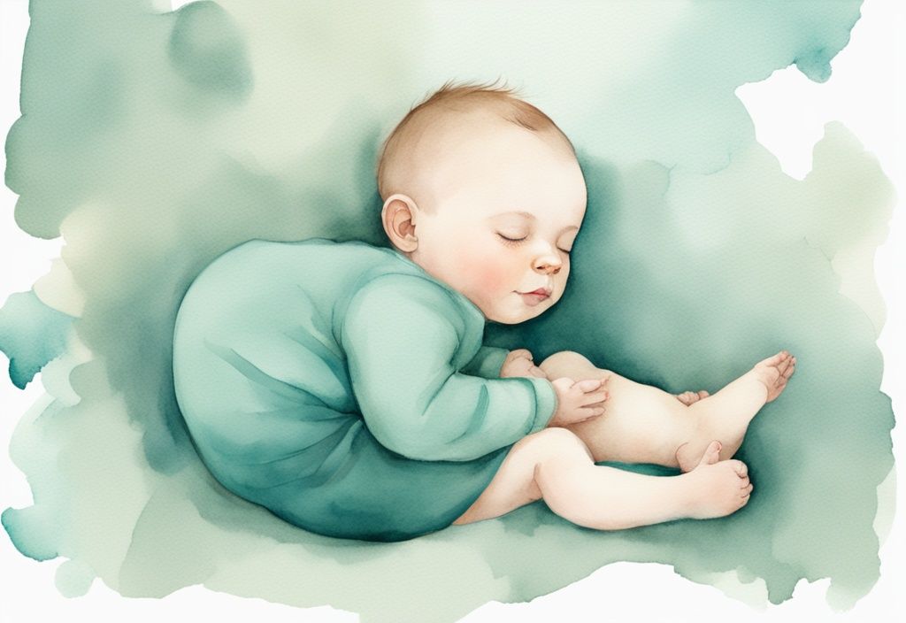 Modern watercolor illustration of a baby sleeping on tummy with teal color theme.