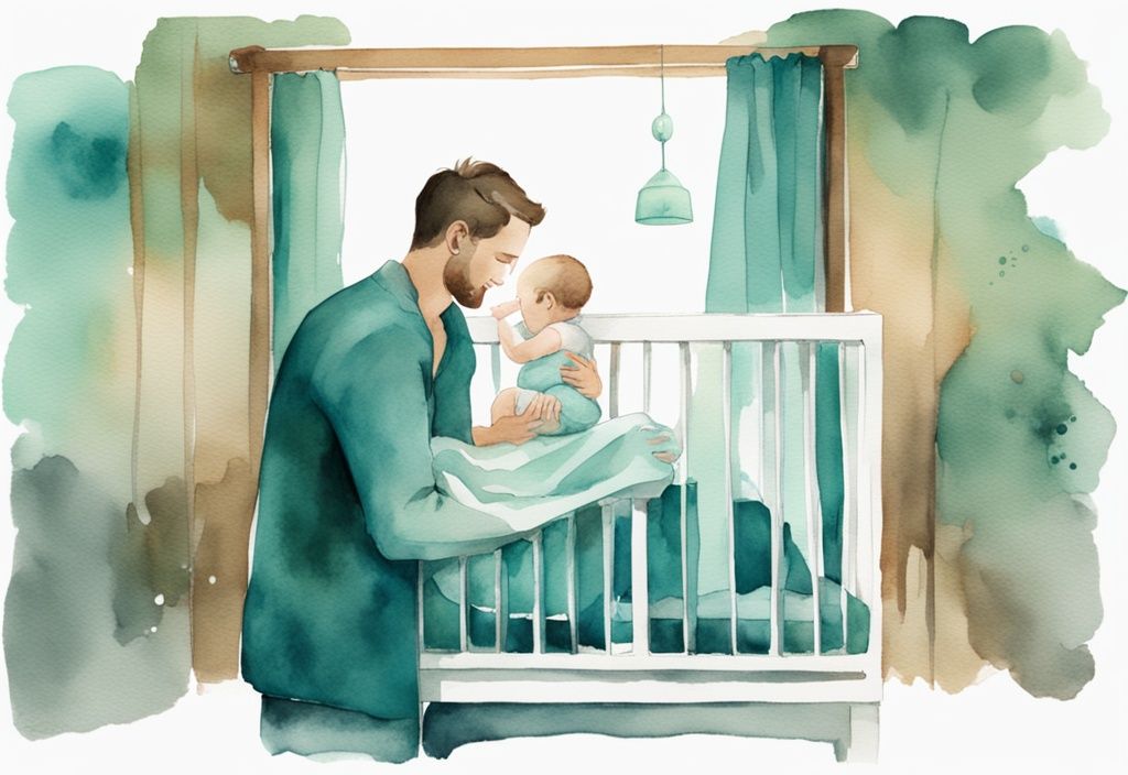 Modern watercolor illustration of parents lowering crib side with baby inside, teal color theme.