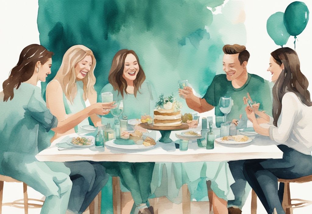 Modern watercolor illustration of friends splitting the bill at a teal-themed baby shower event.