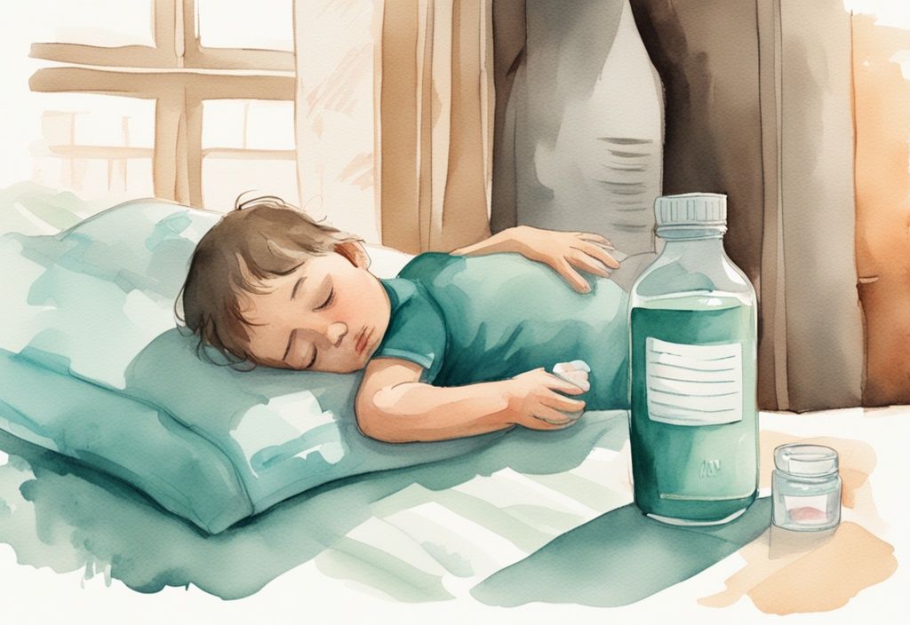 Modern watercolor illustration of a worried parent looking at an empty formula bottle with an expired date, while a baby sleeps peacefully in a crib, highlighting the concern: I accidentally gave my baby expired formula.