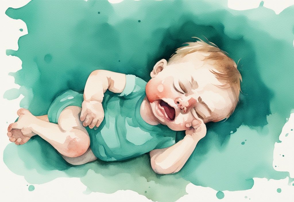 Modern watercolor illustration of a frustrated baby on its belly, displeased face, toy out of reach, capturing the theme "why does my baby hate tummy time" in teal colors.