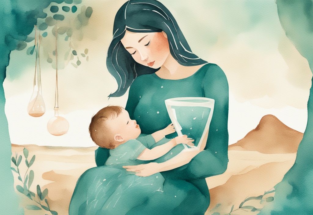 Modern watercolor illustration of a mother holding her infant, teal color theme, gazing at nearly empty sand hourglass.