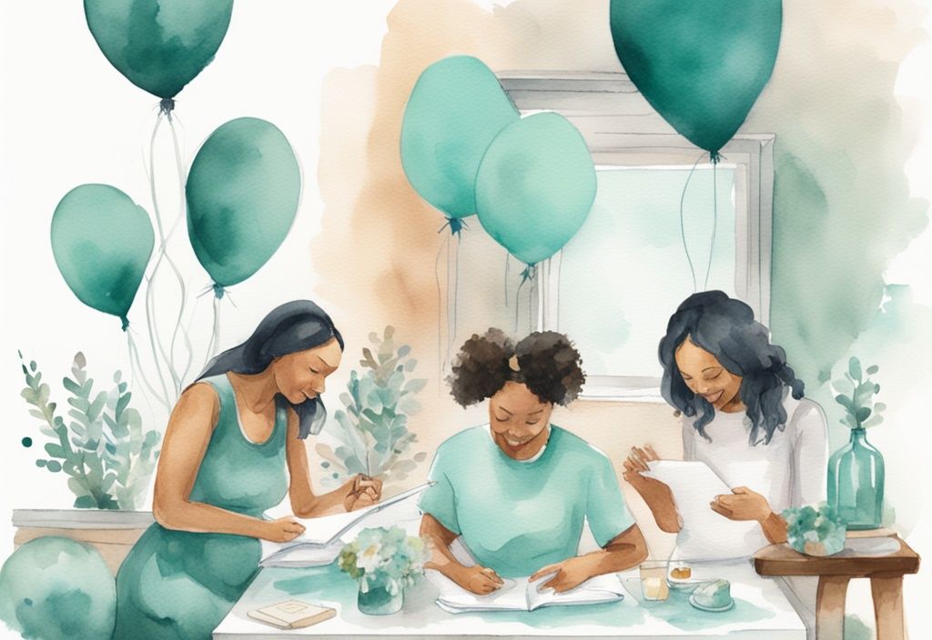 Modern watercolor illustration of a baby shower scene with attendees writing heartfelt messages in a baby book, highlighting what to write in a baby book for a shower, featuring a teal color theme.