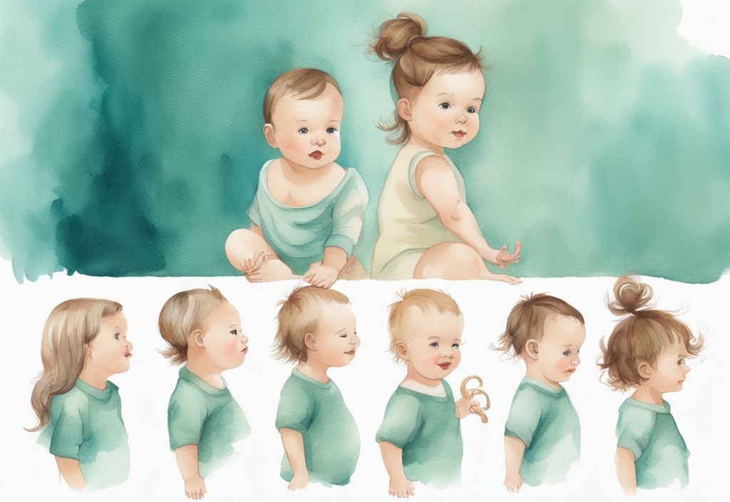 Modern watercolor illustration of baby's hair growth stages timeline, teal color theme, showing hair texture changes from birth to toddlerhood.