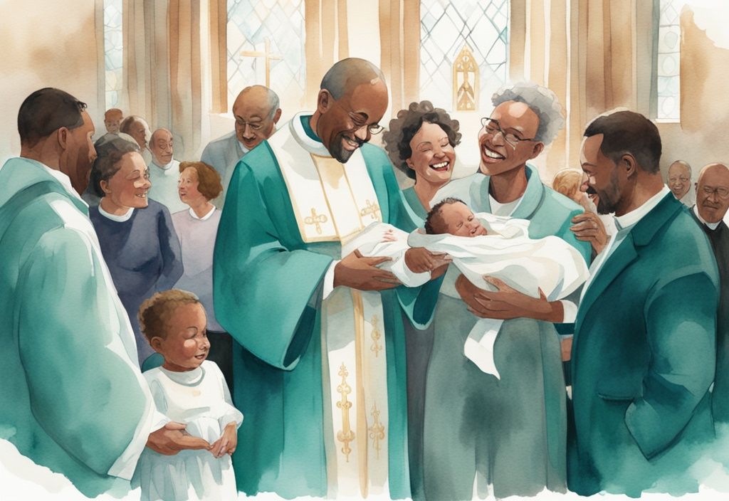 Modern watercolor illustration of a family at a baby dedication ceremony in a church, with a priest holding the newborn near the altar, highlighting the theme: what is a baby dedication.