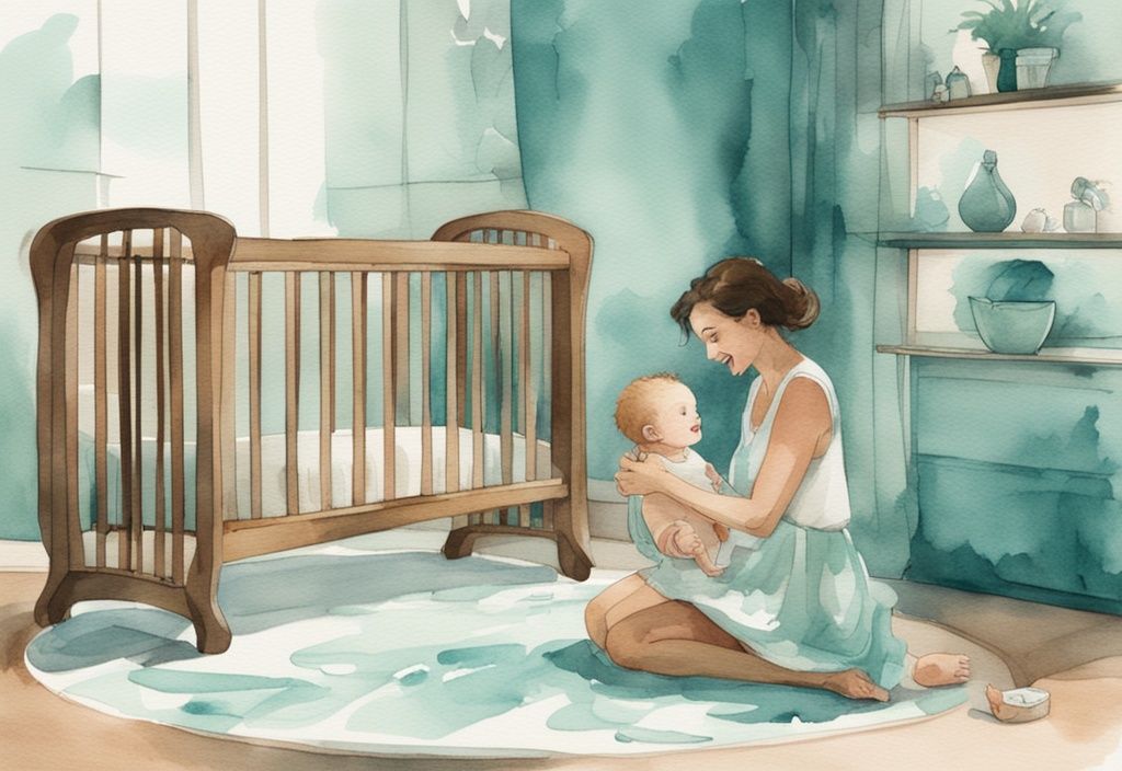 Modern watercolor illustration of a parent adjusting the height of a wooden baby crib, with a playful baby on the floor, highlighting when to lower baby crib.