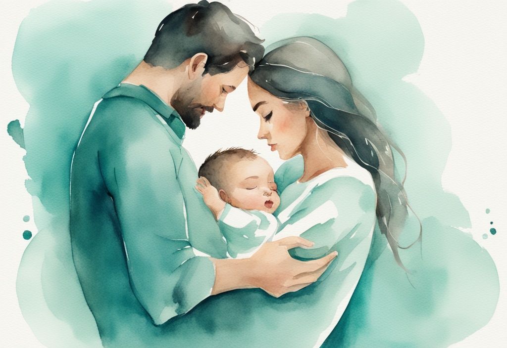 Modern watercolor illustration of a parent lovingly gazing at a baby in their arms, teal color theme.