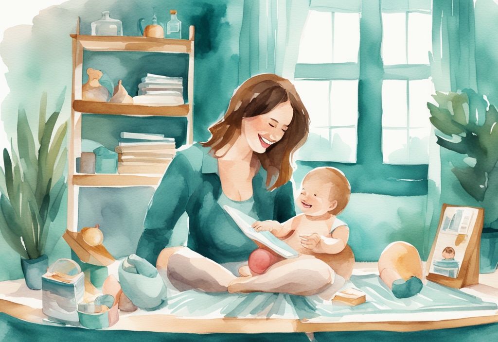 Modern watercolor illustration of a smiling mother interacting with her 5-month-old baby, engaging in activities like playing with colorful toys, reading a book, and feeding, with a teal color theme.