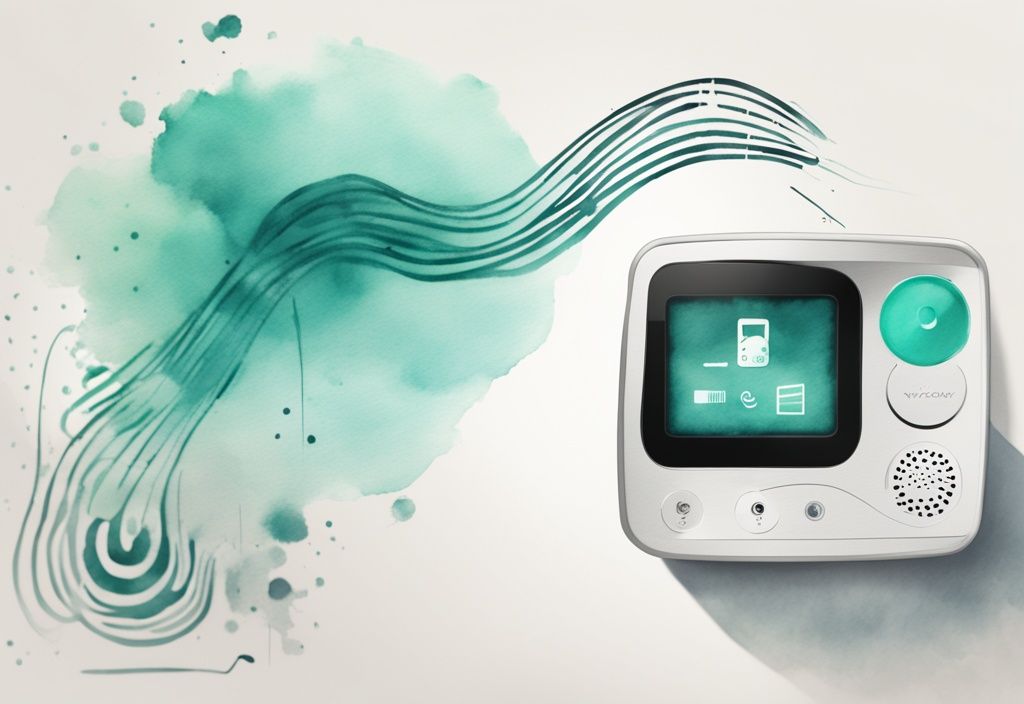 Modern watercolor illustration of a baby monitor with VOX mode, featuring teal colors and a sound wave graphic symbolizing noise activation, illustrating what is VOX on baby monitor.