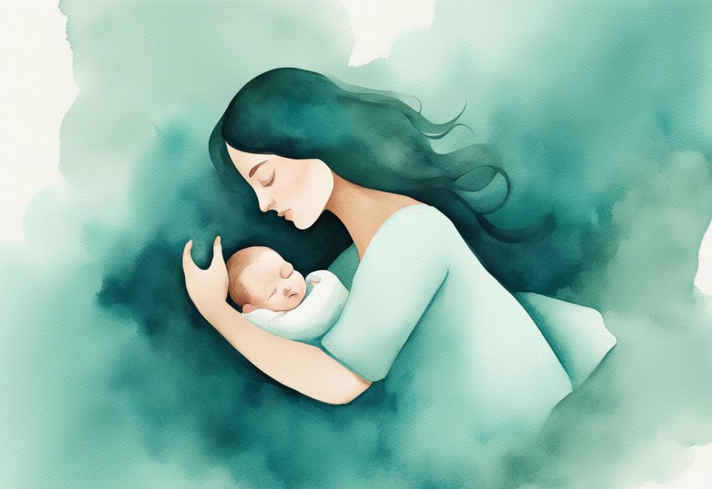 Modern watercolor illustration of a parent rocking a peacefully sleeping baby, showcasing a serene setting with a teal color theme, related to how to put a baby to sleep in 10 seconds.