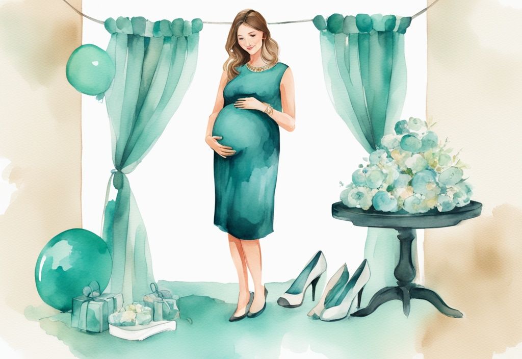 Modern watercolor illustration of an elegant expectant mother in a teal-themed baby shower setting, showcasing what to wear to a baby shower with a flattering maternity dress, comfortable shoes, and tasteful jewelry.