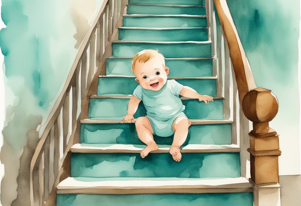 Modern watercolor illustration of a baby climbing stairs with smiling parents, teal color theme.