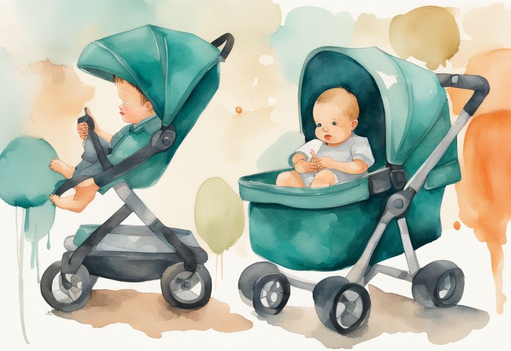 Modern watercolor illustration of an infant sitting upright in a safely secured stroller, with a parent pointing at objects, highlighting the theme "when can babies sit in stroller" in a teal color palette.