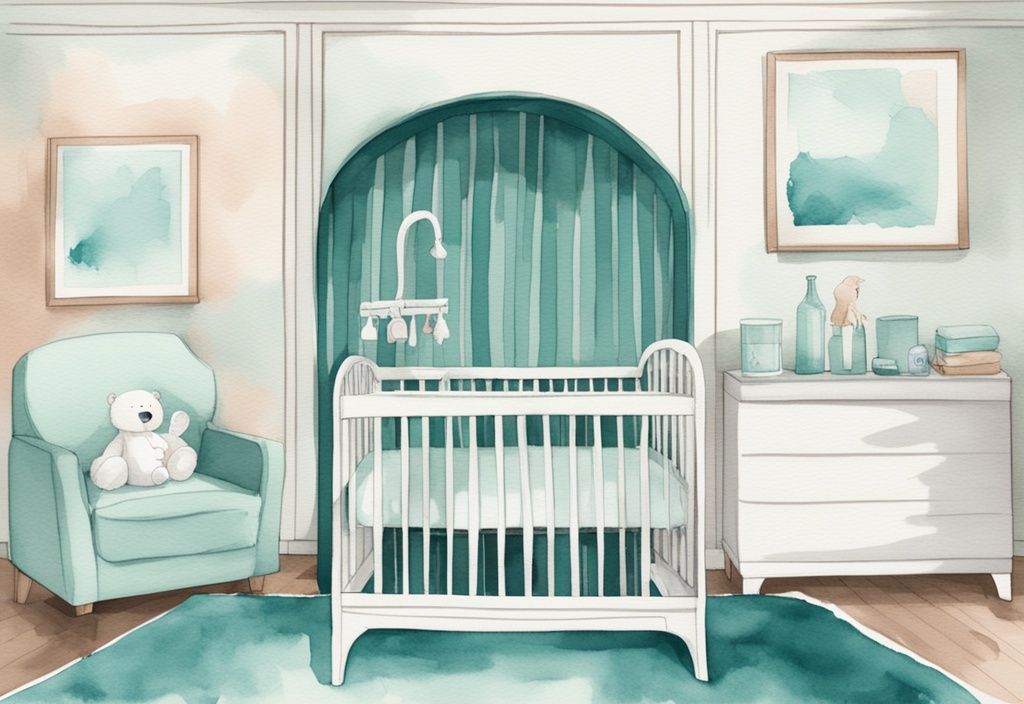 Modern watercolor illustration of a teal-themed nursery with a baby crib and a safely positioned humidifier.