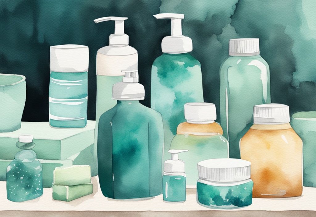 Modern watercolor illustration of teal-themed baby bottles on a counter with various mild soaps, highlighting the question: what soap can I use to wash baby bottles.