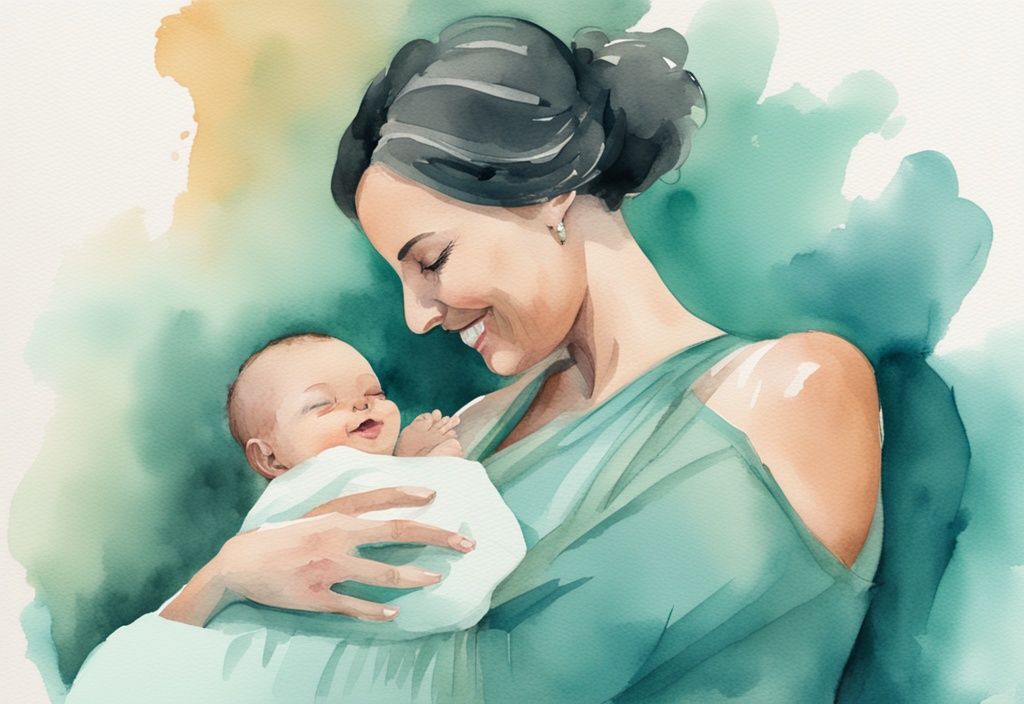 Modern watercolor illustration of a smiling mother holding her baby, applying gentle pressure to the baby's belly, with a teal color theme.