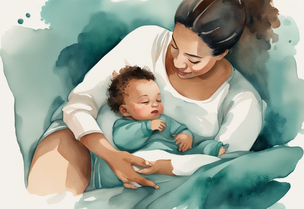 Modern watercolor illustration of a mother and baby on a teal-themed blanket, with baby-safe toys, practicing rolling from back to tummy.