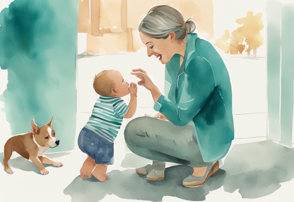 Modern watercolor illustration of a baby giggling as a dog licks her face, with a concerned parent reaching to intervene, highlighting the theme of what to do if dog licks baby mouth.