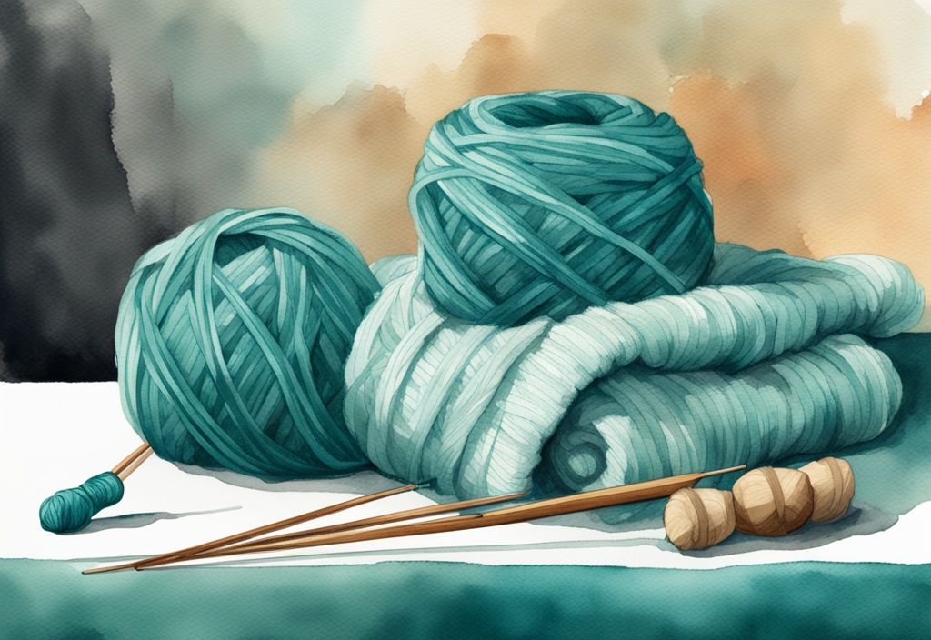 Modern watercolor illustration of teal-themed yarn skeins, partly finished baby blanket, and knitting needles.