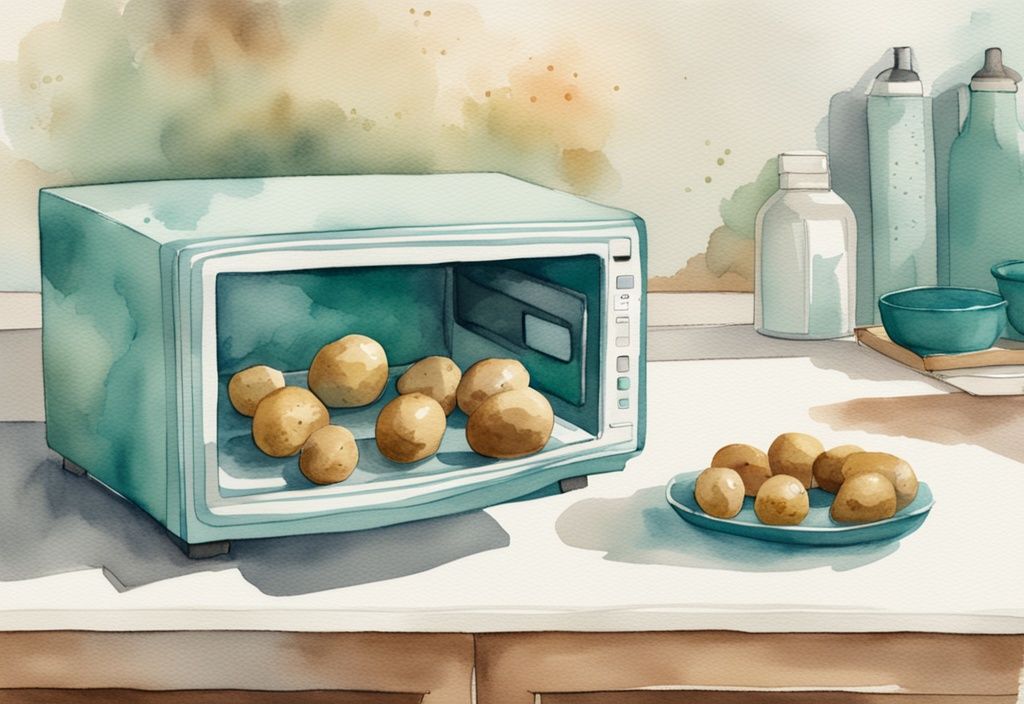 Modern watercolor illustration of teal-themed baby potatoes on a microwave-safe plate with a hand adjusting microwave settings.