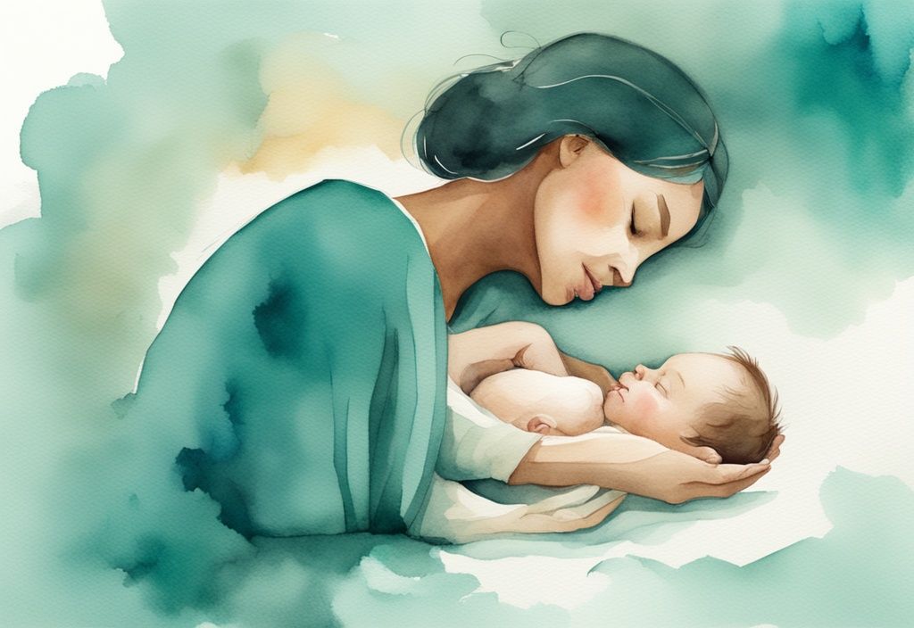 Modern watercolor illustration of a peaceful baby sleeping in a loving parent's embrace, teal color theme