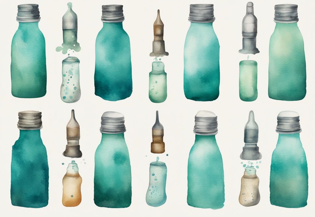 Modern watercolor illustration of teal baby bottles showing wear, each labeled with lifespan for recommended replacement timeline.