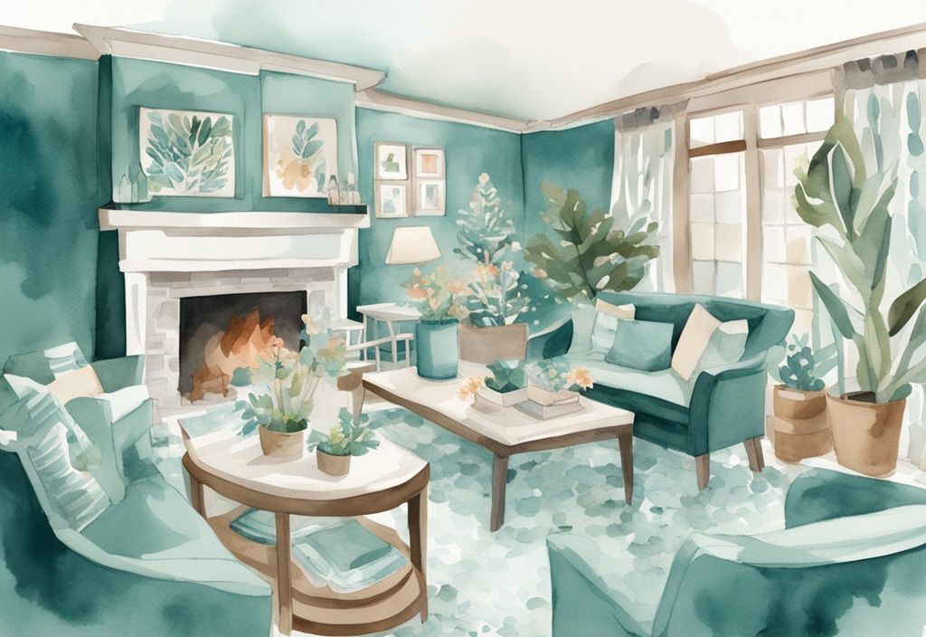 Modern watercolor illustration of where to have a baby shower, featuring a teal-themed decorated living room, festive backyard, cozy café, and elegant banquet hall venues.