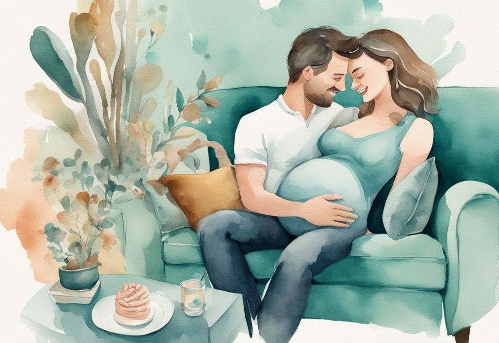 Modern watercolor illustration of a couple on a couch, man touching woman's stomach, surrounded by baby-themed objects, depicting what makes a man want to have a baby with you, with a teal color theme.