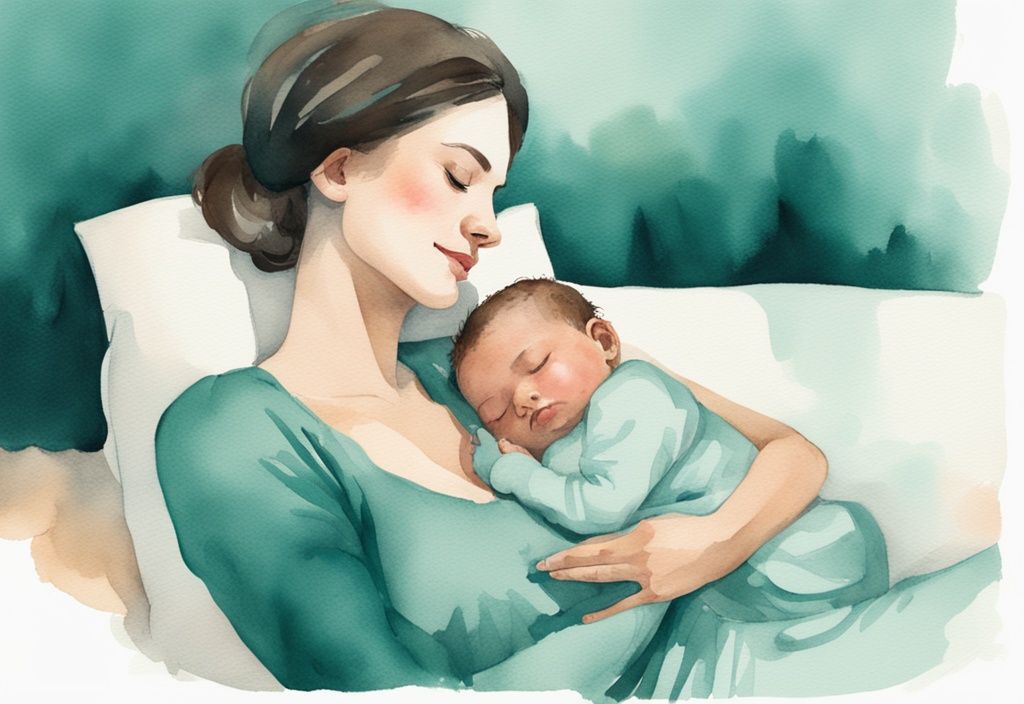 Modern watercolor illustration of a mother stroking her sleeping newborn's cheek with a teal color theme and a nearby warm milk bottle.