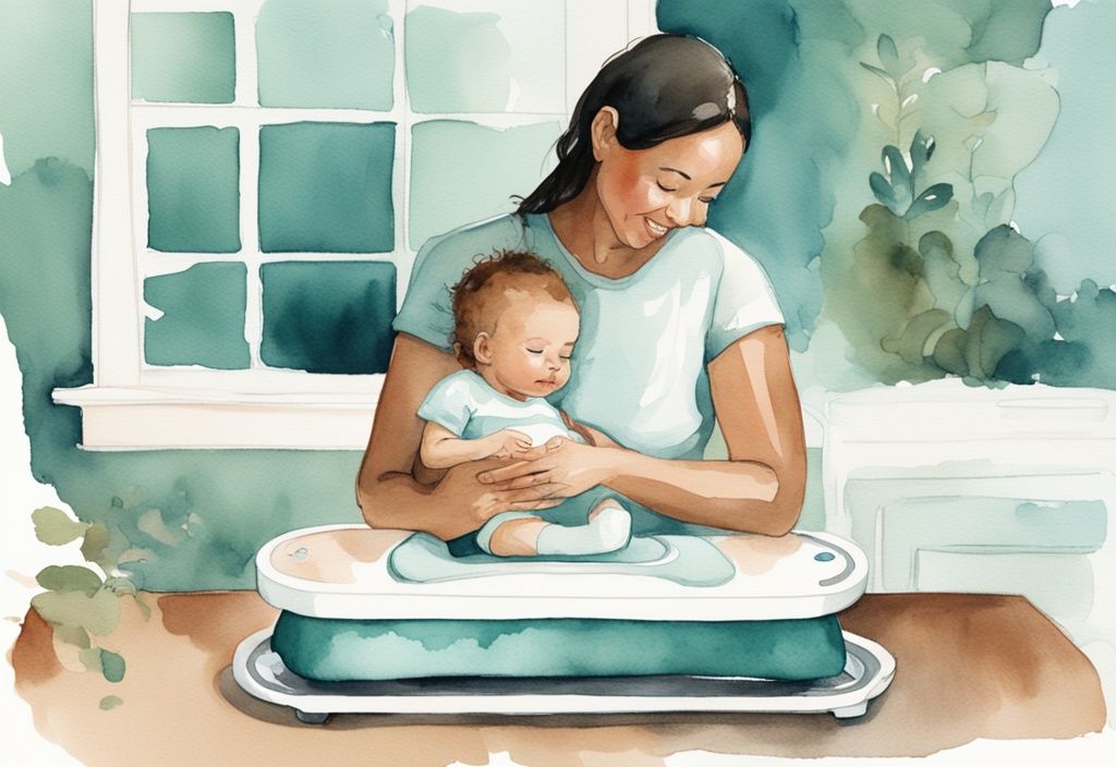 Modern watercolor illustration of parent placing baby on home baby scale, teal theme, step-by-step guide included.