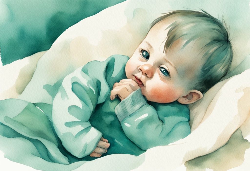 Modern watercolor illustration of a baby rubbing ear and side of head on a soft light-colored blanket with a thoughtful expression, featuring a teal color theme.