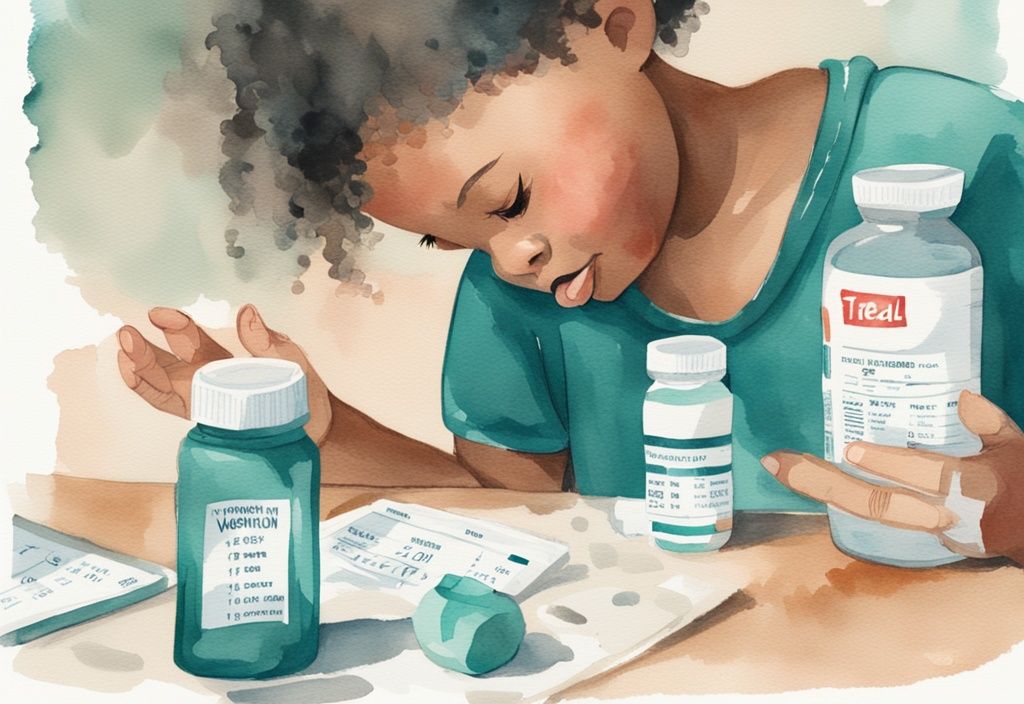 Modern watercolor illustration of a parent holding baby Tylenol, with a baby and vaccination schedule, teal color theme.